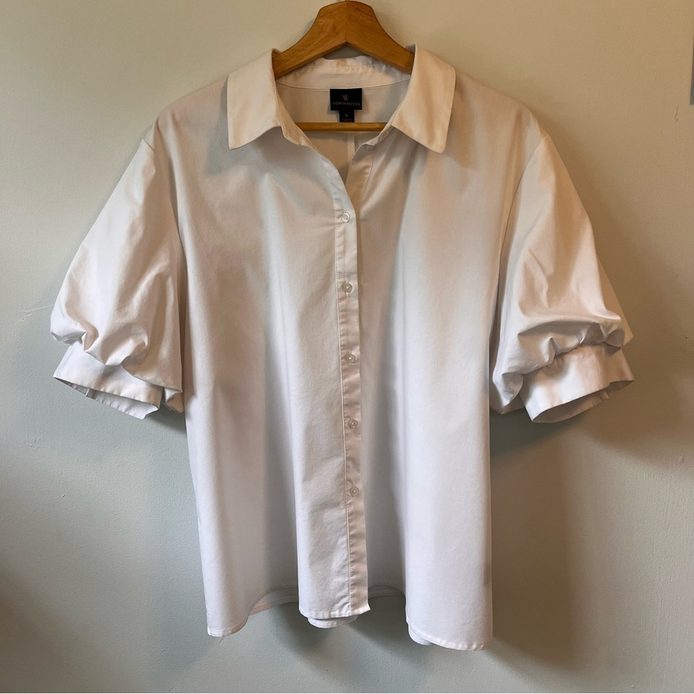 Worthington Button Up Puff Sleeve Collared Blouse, Size L